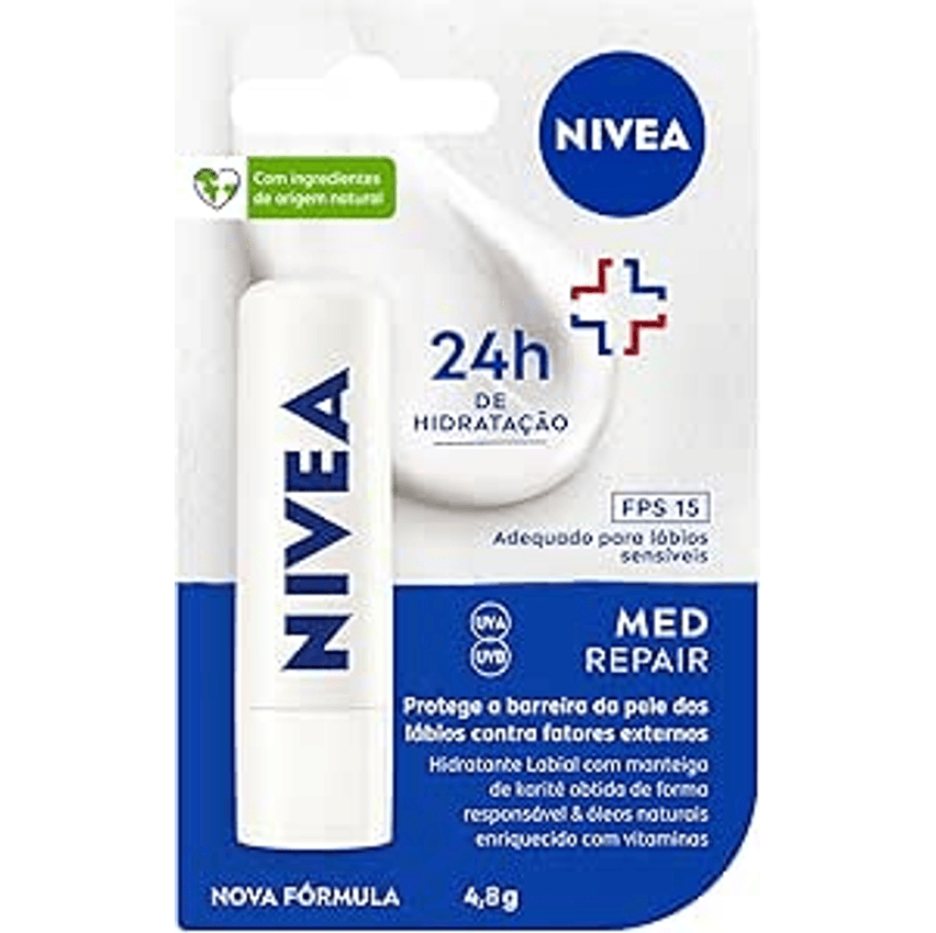 Nivea Protetor Labial Med Repair Fps15 4,8g - Hidrata E Regenera Os Lábios Ressecados E Machucados, Com Vitamina E E Óleos Naturais, Proporciona Reparação Intensiva E Alívio Imediato