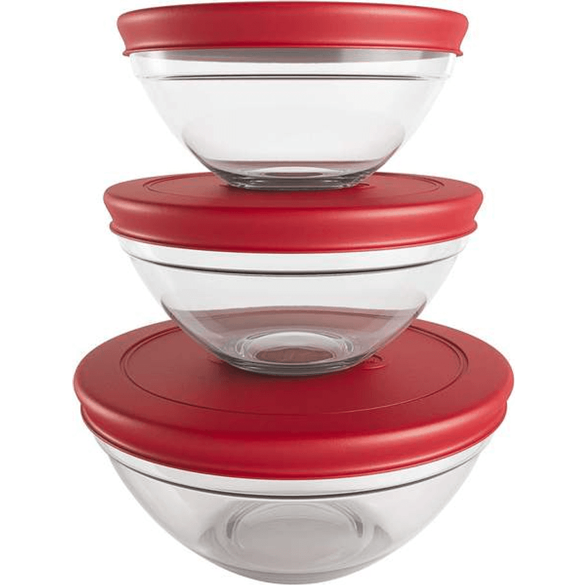 Conjunto Com 3 Potes De Vidro Redondos Com Tampa Plástica Vermelha, Vdr7093-vm, Euro Home