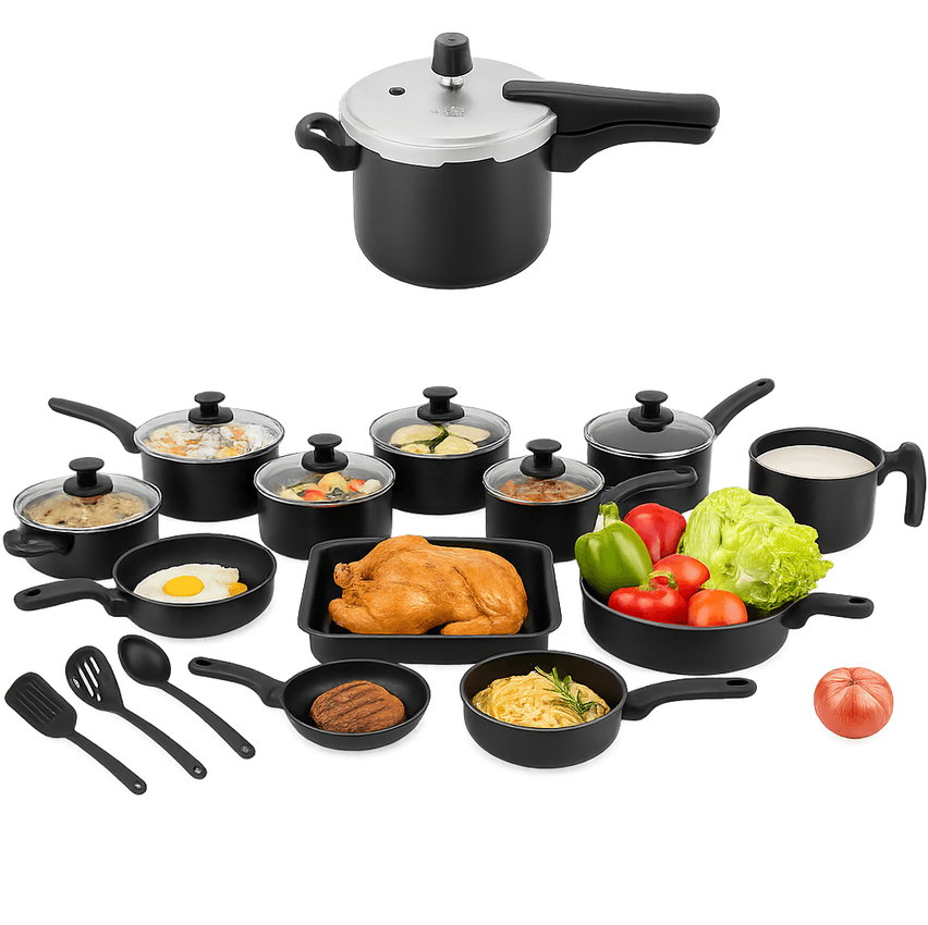 Conjunto Panelas 17 Pc Antiaderente Panela Pressão 4,5l Cor Preto E Bege