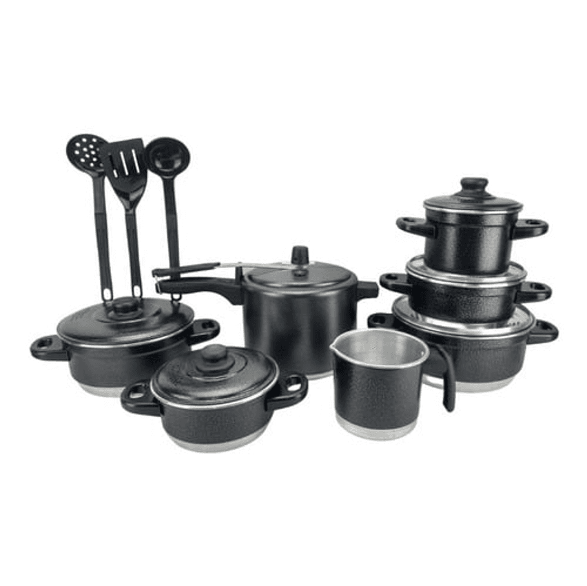 Jogo De Panelas + Panela De Pressão 4.5l + Espátulas Preto