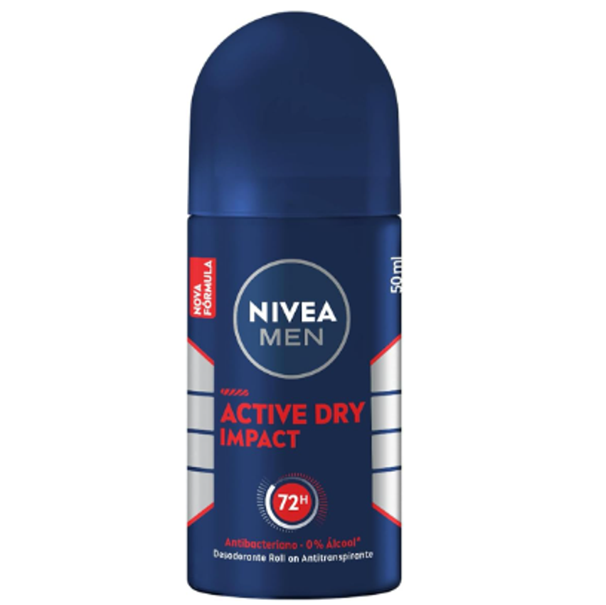 NIVEA MEN Desodorante Antitranspirante Roll On Dry Impact 50ml - Proteção prolongada de 72h, dupla proteção antitranspirante, proteção extra seca, sem alumínio, corantes e conservantes