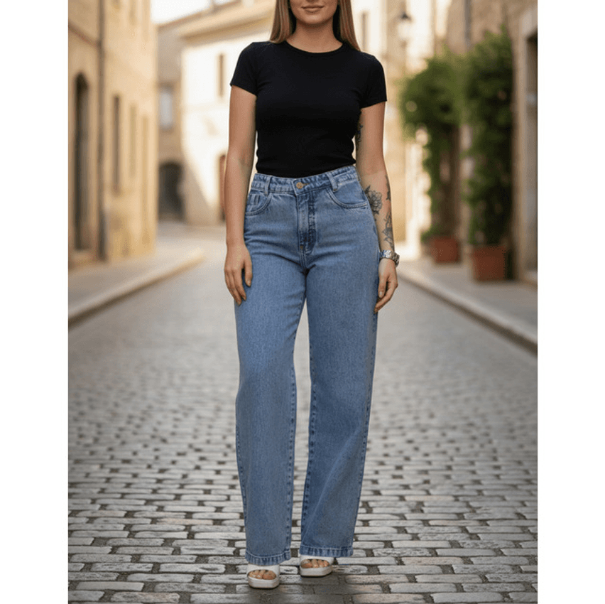 Calça Wideleg Feminina Jeans Marmorizada Estilosa