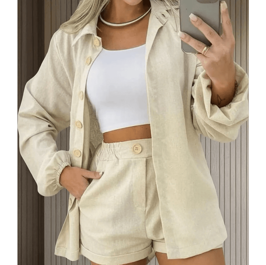 Conjunto Linho Feminino Camisa E Short Linha Premium