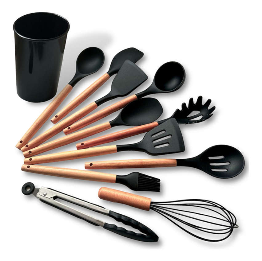 Kit C/12 Utensílios De Cozinha Silicone Cabo Madeira