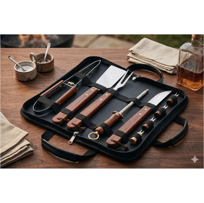 Kit Churrasco 360 De Aço Inoxidável Com 10 Peças