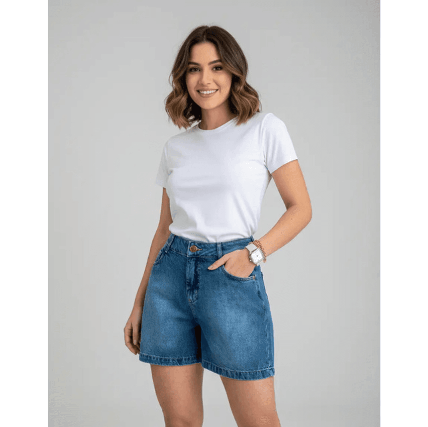 Short Jeans Mom Lycra Cintura Alta Barra Dobravel