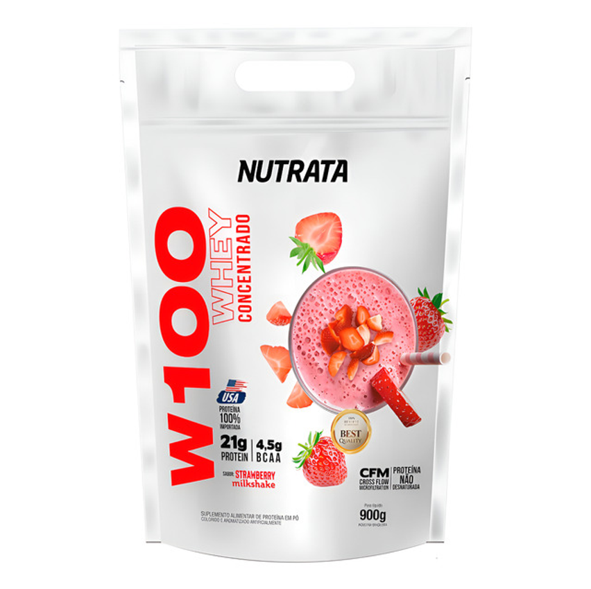 W100 Whey Concentrado Pouch 900g Morango Nutrata