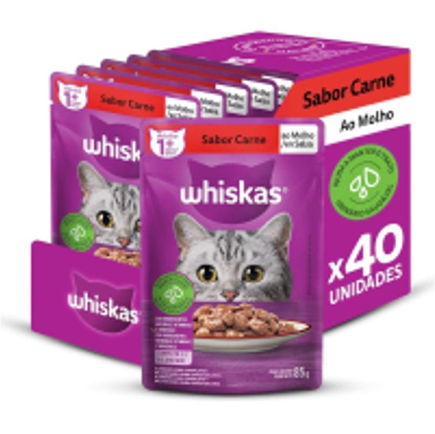 Pack de Ração Úmida Whiskas Sachê Carne ao Molho para Gatos Adultos - 40 sachês de 85g