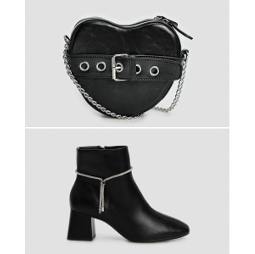Kit bota feminina fita em strass + bolsa feminina coração com fivela preto | Vizzano +