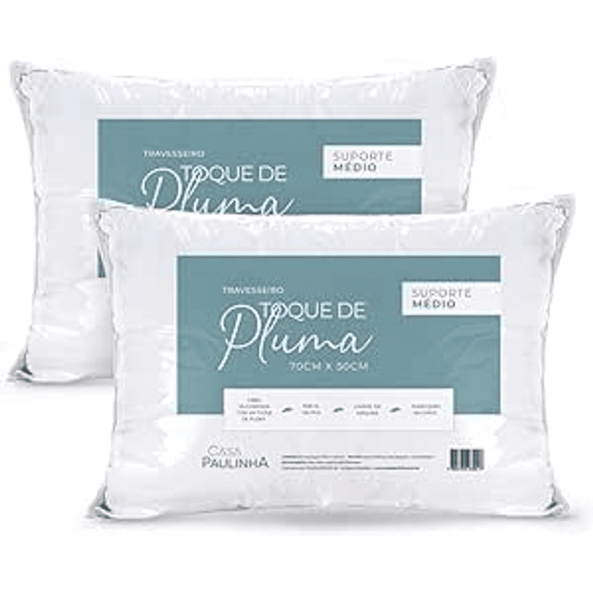 Kit 02 Travesseiros Toque de Pluma Pena Percal 180 Fios 50x70cm Lavável, Antiácaro, Antialérgico