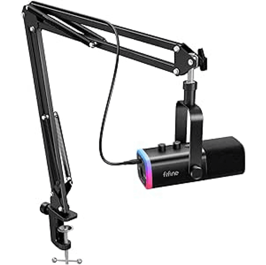 FIFINE conjunto de microfone para jogos XLR/USB, mic dinâmico para PC para podcasting, kit de microfone RGB para computador com suporte para braço de lança,para gravação de voz vocal-AM8T Preto