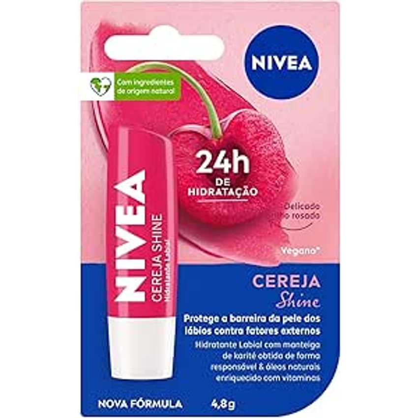 NIVEA Hidratante Labial Cereja Shine 4,8g - Cuidado e proteção para seus lábios por 24h, além de delicioso aroma de cereja e delicado brilho rosa