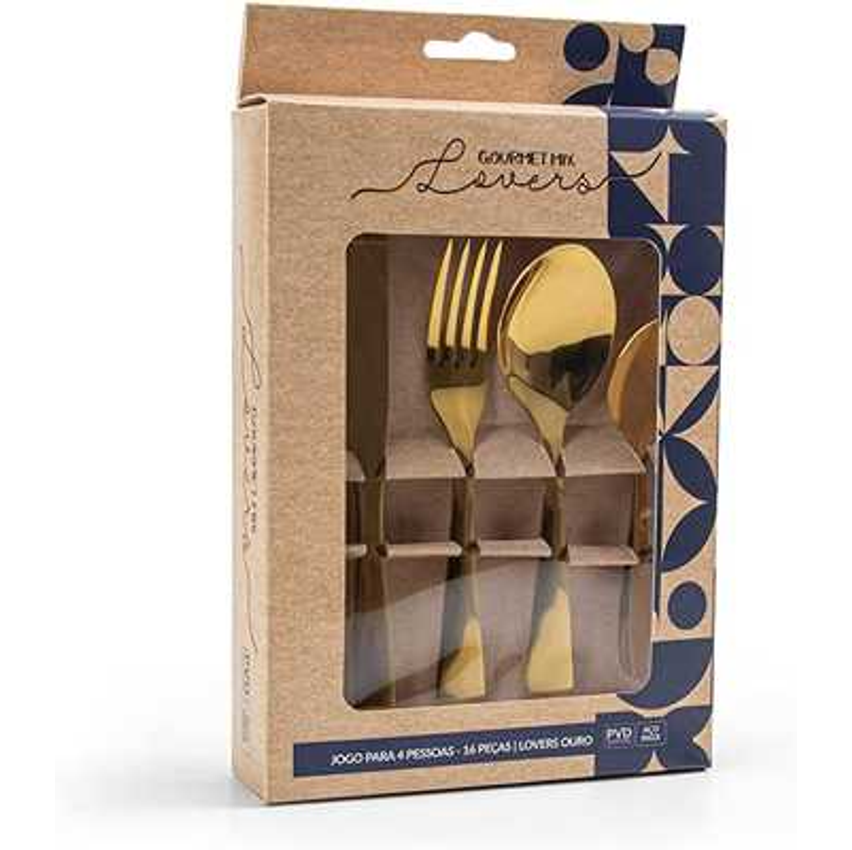 Faqueiro Dourado Lovers Aço Inox 16 Peças Gourmet Mix