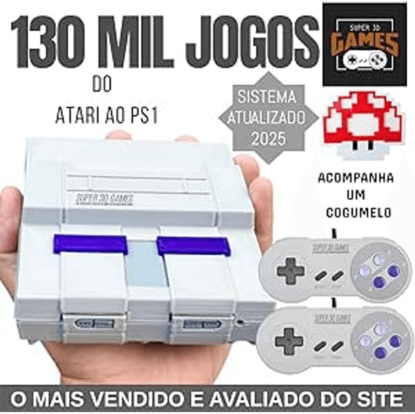 Mini Console Retro Super Nintendo com 130 mil jogos + 2 Controles Super 3D Games