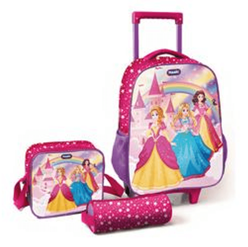 Kit De Mochila Escolar Magic Kids Mochila De Rodinhas Com Estojo E Lancheira Princesas