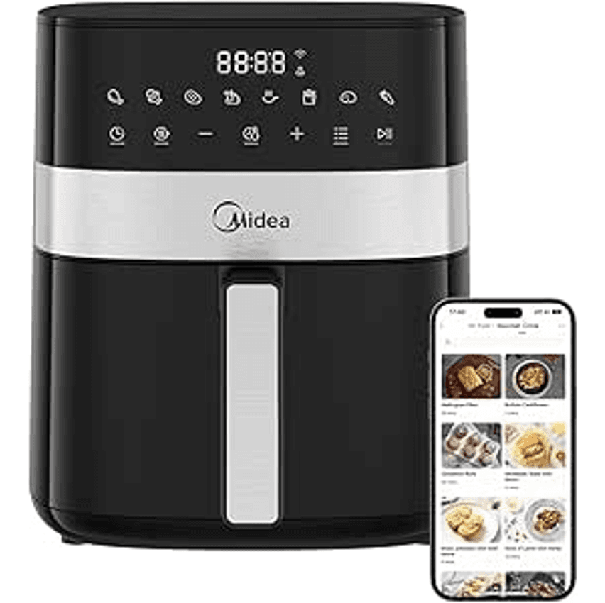 Midea Air Fryer Fritadeira 6L, 9 Menus Predefinidos, Tela de Toque LED, Desligamento Automático, Função IOT, 90% Menos Gordura, cesta Antiaderente e Prato Mais Crocante 127V/60Hz