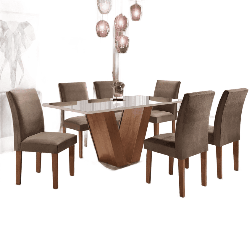 Mesa De Jantar Tampo De Vidro 6 Cadeiras Espanha Ea