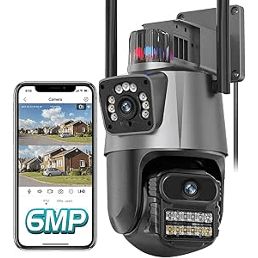 Câmera IP Sem Fio de Segurança Externa, LucZeng 6MP Câmera de Visão Noturna Infravermelha WiFi, Dupla Lente Grande Angular, IP66 à Prova D'água, AI Detecção de Movimento, Chamada de Voz Bidireciona