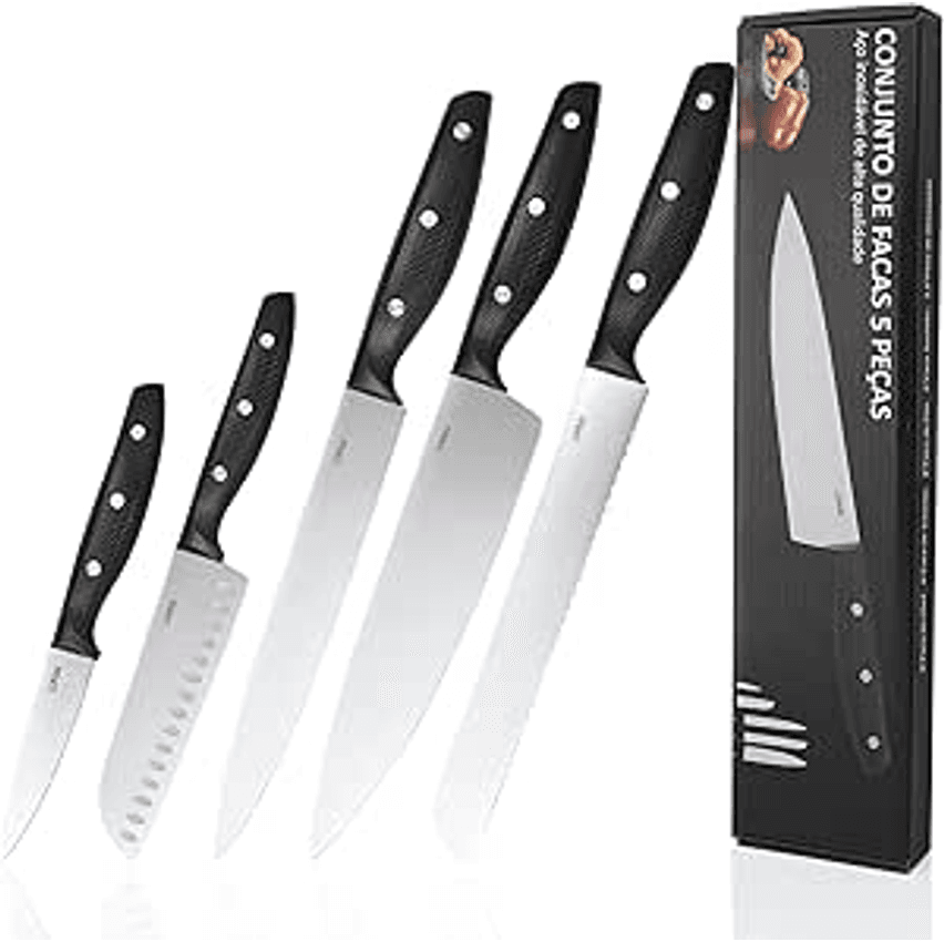 LUMAI Conjunto de Facas Aço Inoxidável 3CR13, Kit 5 Peças com Lâminas Afiadas e Duráveis, Inclui Faca do Chef, Santoku, Pão, Trinchar e Descascar, Corte Preciso para Cozinha Profissional e Doméstica