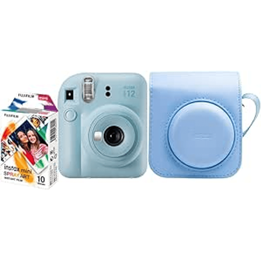 Kit Câmera Instax Mini 12 com pack 10 fotos Spray Art e Bolsa Azul Candy