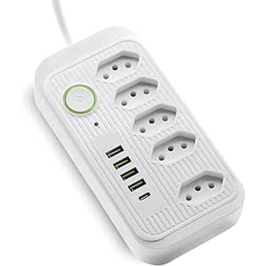 Extensão 5 Tomadas Filtro de Linha Régua de Energia Elétrica Cabo 2 Metros 4 USB e 1 USB-c Bivolt 110-220V Potência de 2500W e Carregamento Inteligente Premium