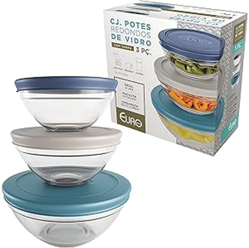Conjunto com 3 Potes de Vidro Redondos com Tampa Plástica coloridas, VDR7093-CO, Euro Home