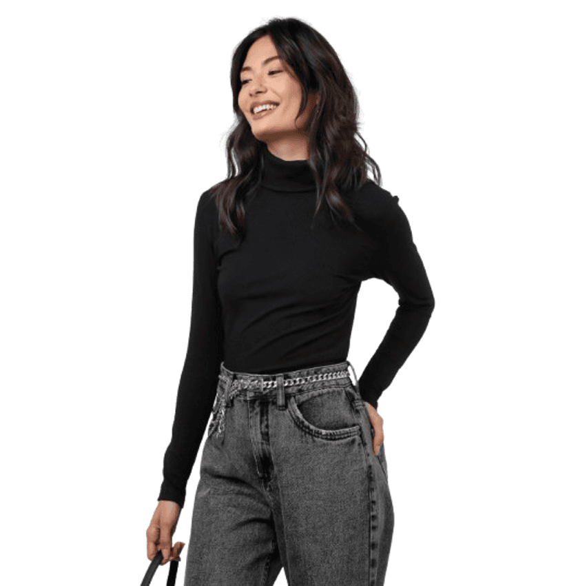 Blusa feminina canelada gola alta manga longa preta | Pool