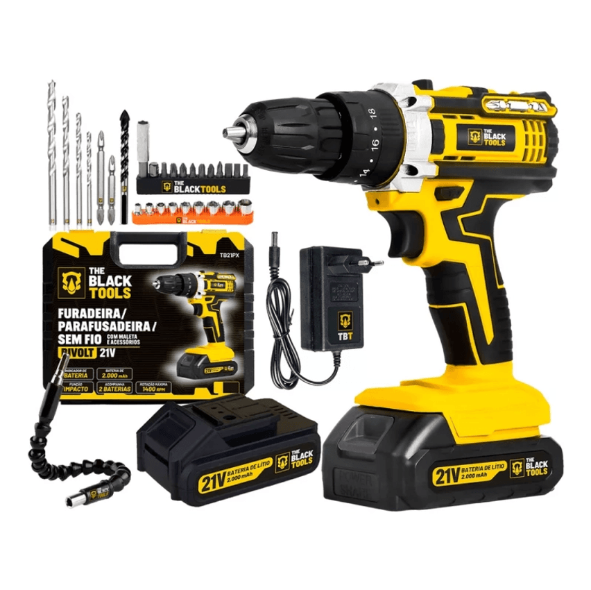 Parafusadeira Furadeira De Impacto Profissional 21v Modelo TB-21PX 2 Baterias Com Maleta The Black Tools 110/220V 60Hz A