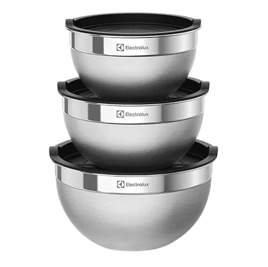 Conjunto com 3 Bowls Tigelas Inox e Tampa Plástica Electrolux