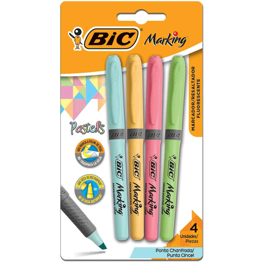 Pincel Marcador de Texto Cores Pastel BIC Marking, Ponta Chanfrada, Grip, 1.5 - 3.5mm, 970913, 4 Cores