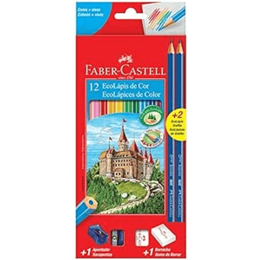 Kit Escolar Lápis de Cor Sextavado + 2 Lápis Max + Apontador + Borracha, Faber-Castell, 12 Cores