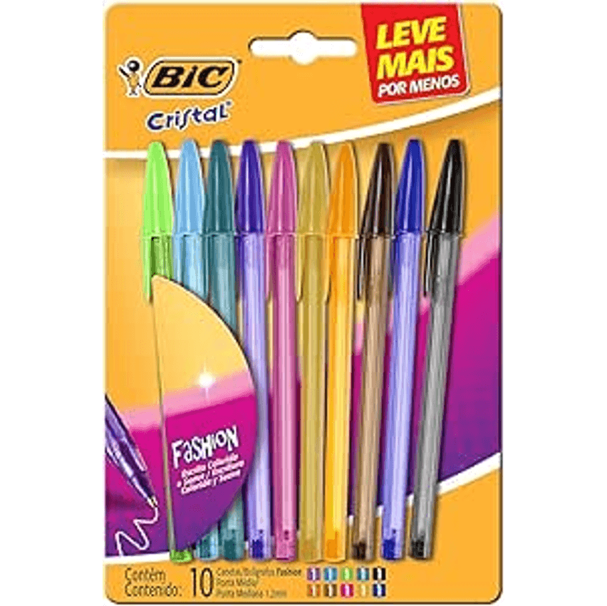 Canetas Coloridas Bic Cristal Fashion 10 Cores Vibrantes, Ponta Esferográfica Média de 1.2mm, Escrita Suave e Cores Vibrantes