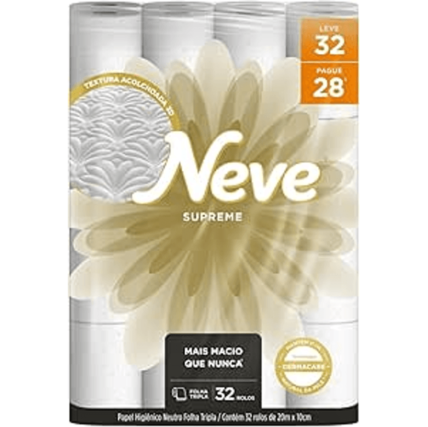 Neve Papel Higiênico Supreme Folha Tripla, 20m, Leve 32 Pague 28 Rolos