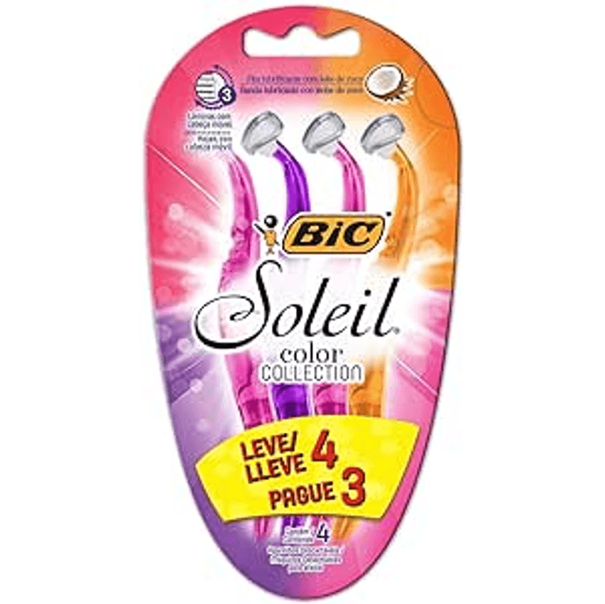 BIC Aparelho De Depilar Soleil Rosa Roxo E Laranja Leve 4 Pague 3 - 930183 - Dupla Fita Lubrificante Com Leite De Coco