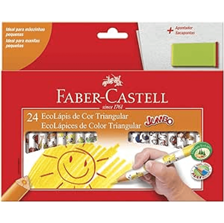 Lápis de Cor, Faber-Castell, Ecolápis Triangular Jumbo + Apontador com Depósito, 12.3024AP, 24 Cores