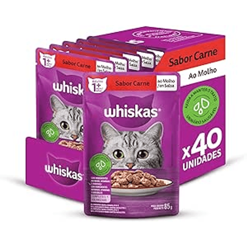 Pack de Ração Úmida Whiskas Sachê Carne ao Molho para Gatos Adultos, 40 sachês de 85 g
