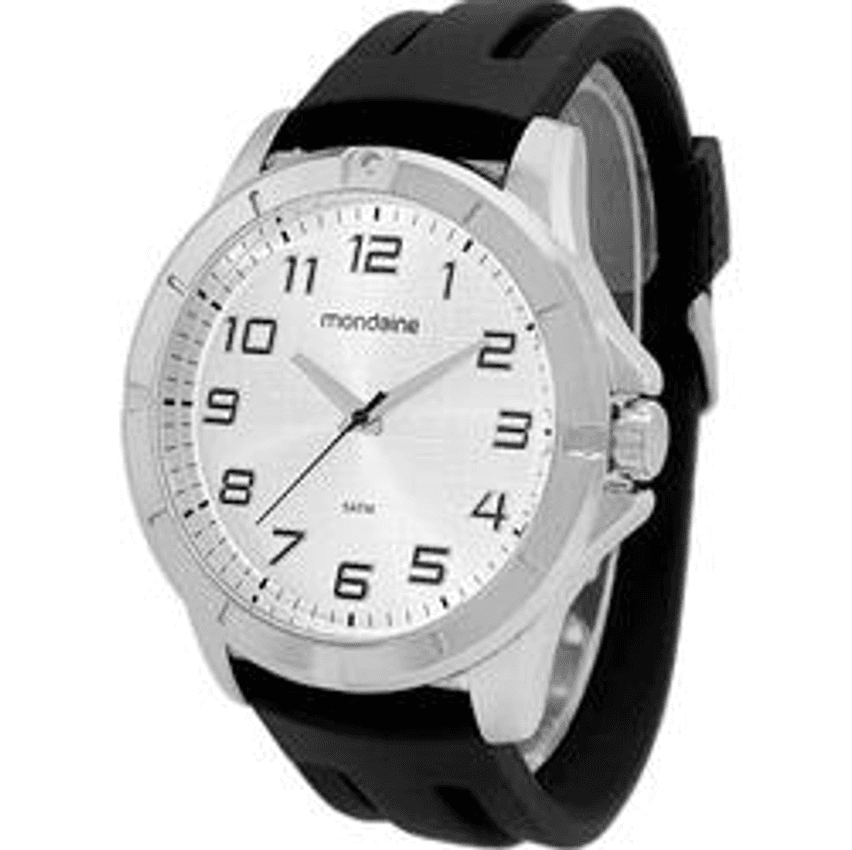 Relógio De Pulso Mondaine Com Corria De Silicone Cor Preto - Fondo Branco - Bisel Prateado