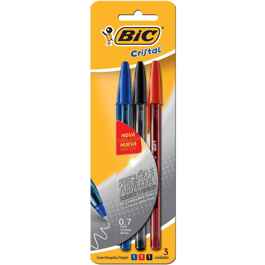 Canetas De Ponta Fina Bic Cristal Precisão E Suavidade – Ponta Ultra Fina De 0.7mm. Pacote Com 3 Canetas – Preta, Azul E Vermelha