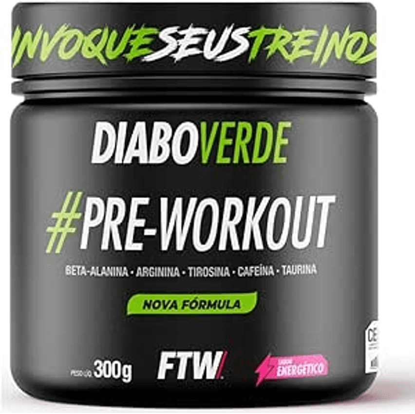 FTW Pré-Treino Diabo Verde - Energia Extrema, Força e Foco - Potência Hardcore com Cafeína, Beta-Alanina - Para Treinos Intensos - sabor: Energético - Pote 300g