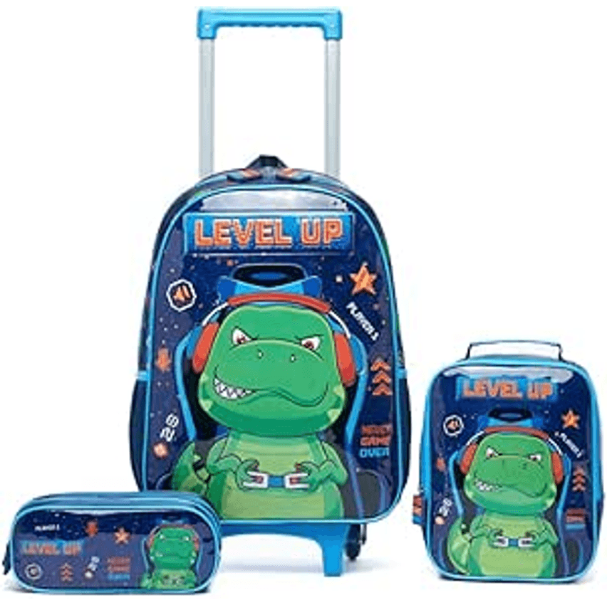 Kit Mochila de Rodinhas Dinossauro Masculina Estojo Escolar Lancheira Térmica