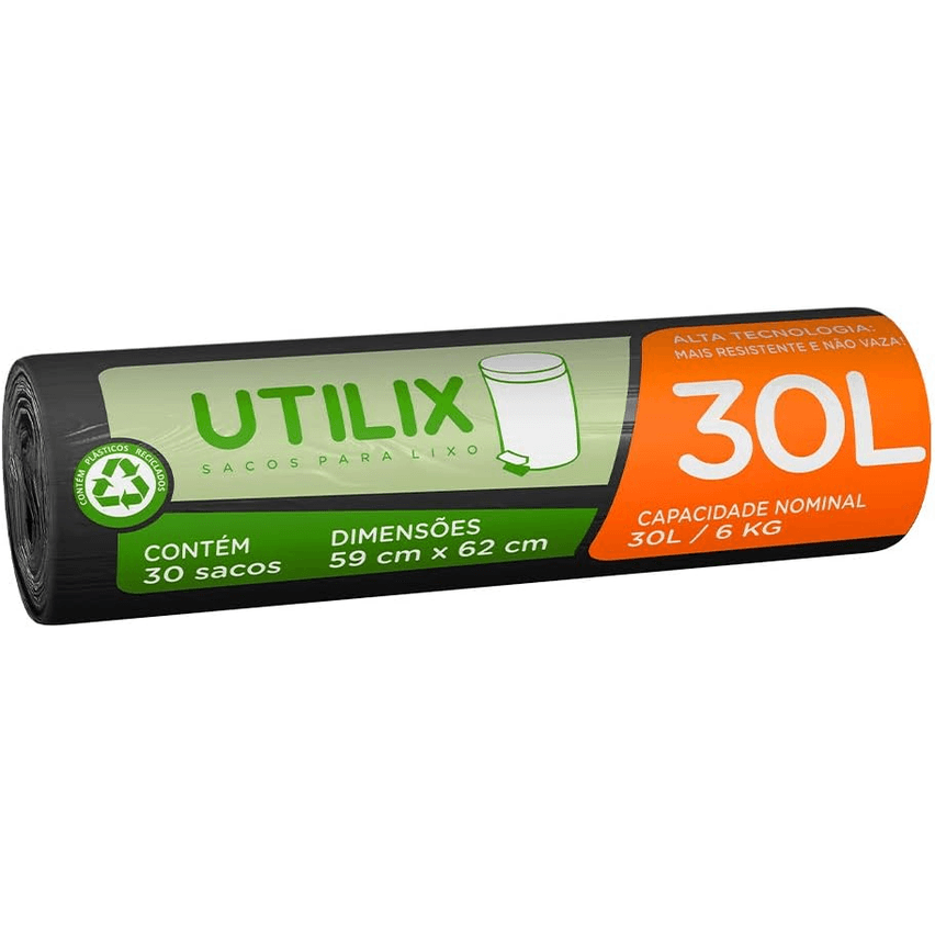 Utilix 510024312 - Saco Para Lixo, 30 Litros, Preto, Rolo Com 30 Sacos