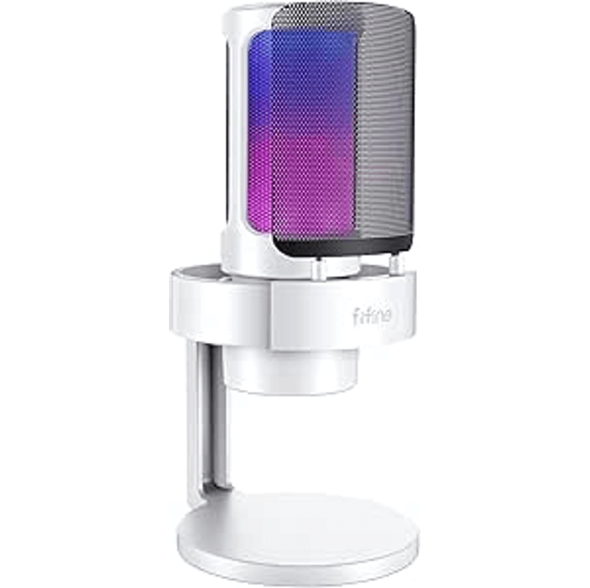 FIFINE Microfone RGB para computador para jogos USB para transmissão ao vivo,reuniões,podcasts,vídeo,microfone condensador com conector de monitoramento de fone de ouvido,para Mac OS/Windows-A8 branco