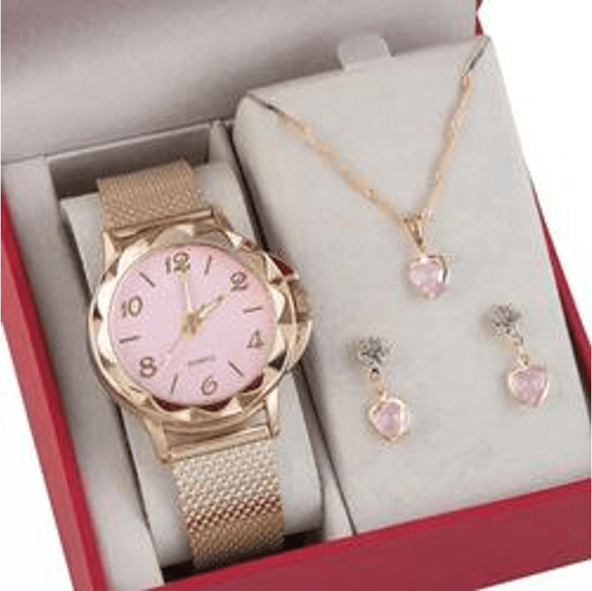 Relógio Feminino+ Colar Pingente Brincos Folheado A Ouro 18k
