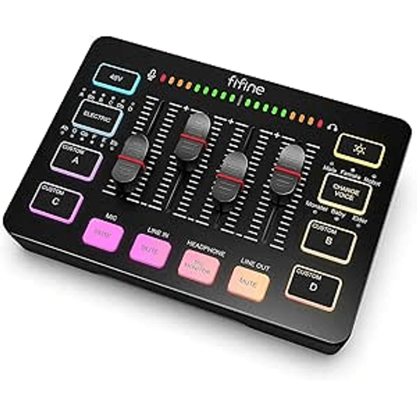 Fifine Gaming Audio Mixer, Mixer Rgb Para Pc De Streaming Com Interface De Microfone Xlr, Controle Individual, Botão De Silenciar, Alimentação Phantom 48v, Para Podcast/gravação/vocal/voz De Jogo-sc3