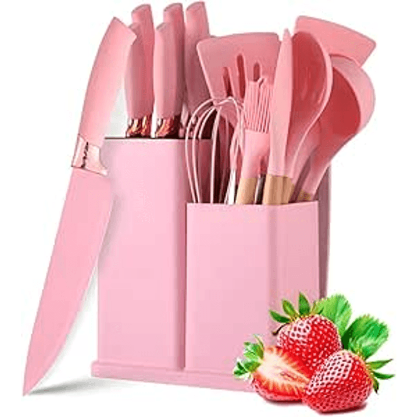 Utensilios para Cozinha Silicone Kit com 19 Peças Cabo Madeira Conjunto Completo Espátula Concha Colher Jogo Suporte Faca Antiaderente Tabua Tesoura Faqueiro (ROSA)