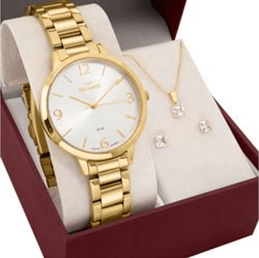 Relógio Feminino Technos Dourado Luxo Com Semi Joia Colar E Brincos 2035nbc/k1k