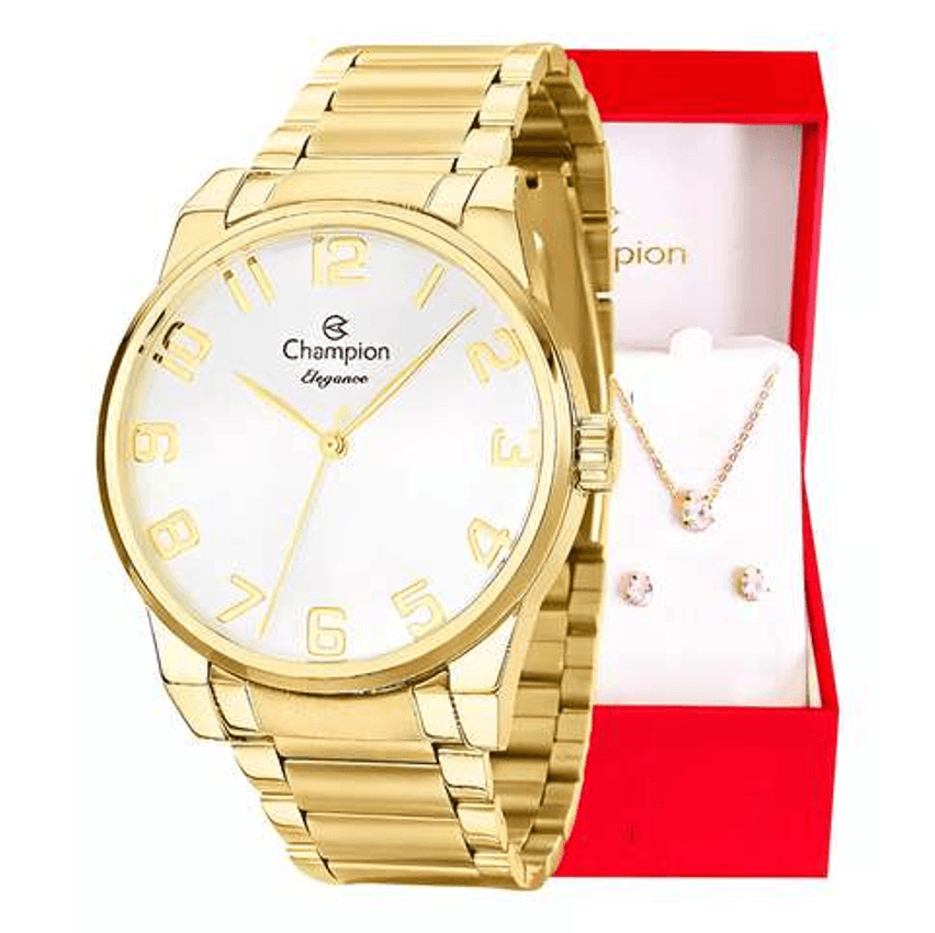 Relógio Champion Feminino Dourado Kit Colar Brincos Original Cor Do Fundo Branco3