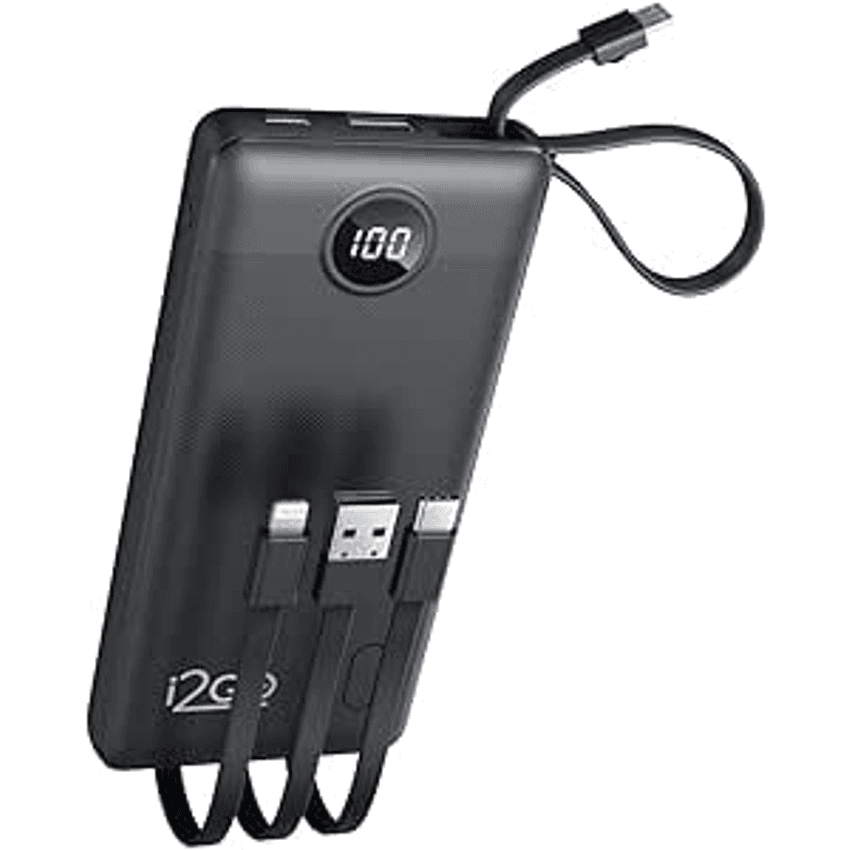 Carregador Portátil (Power Bank) I2GO 10000mAh 4 em 1 Com Cabos Acoplados (Micro USB, USB-C, Lightning e USB-A) Preto - I2GO PRO