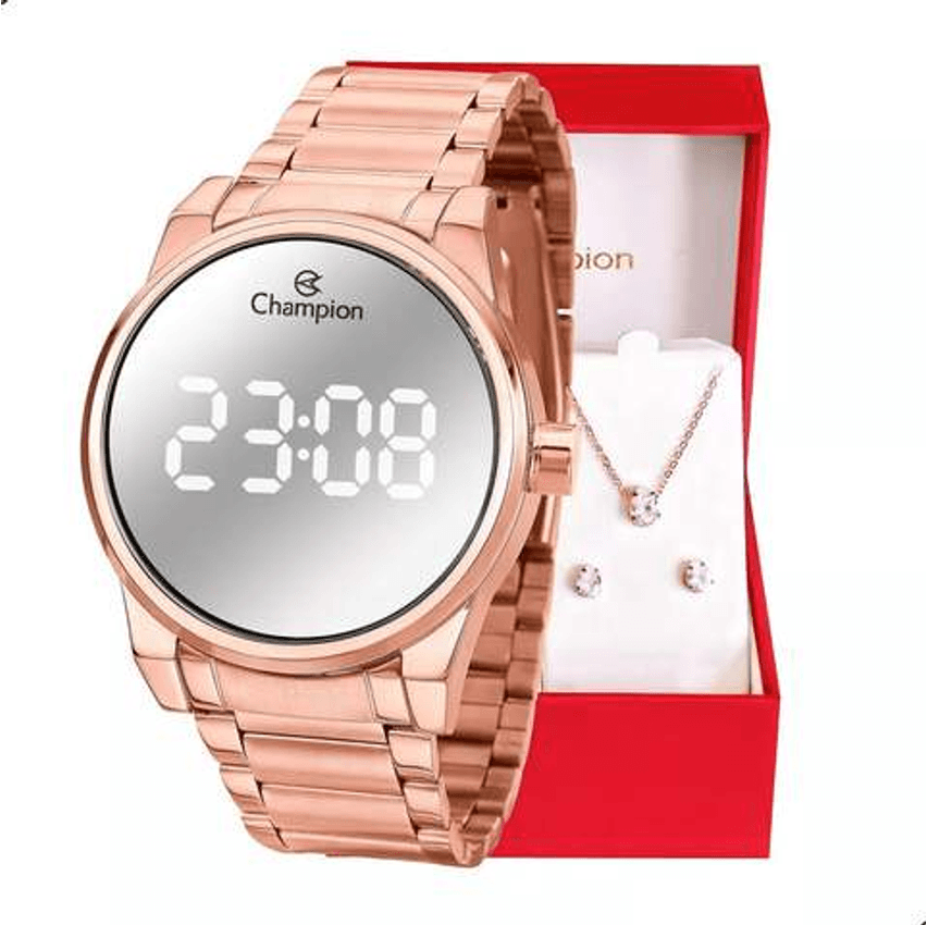 Kit Relógio Feminino Champion Rosé Espelhado Colar E Brincos