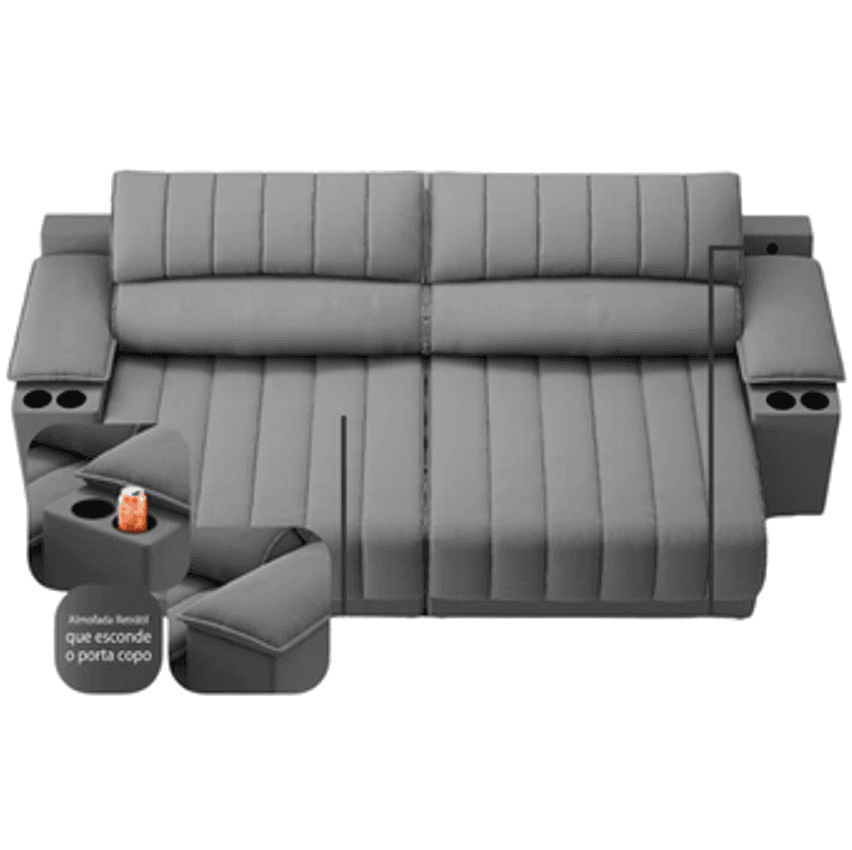 Sofá Com Porta Copos Carregador Usb Ret Rec Murano 2,00m Velosuede Grafite - Netsofas'